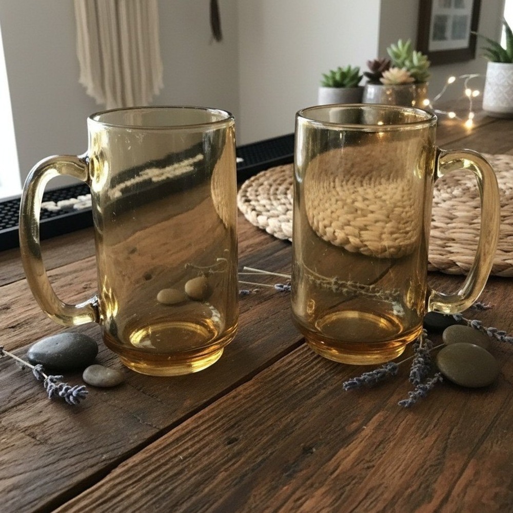 Hazel Atlas Amber Beer Mugs, Set of 2, Vintage Stackable Glasses, Glass Steins